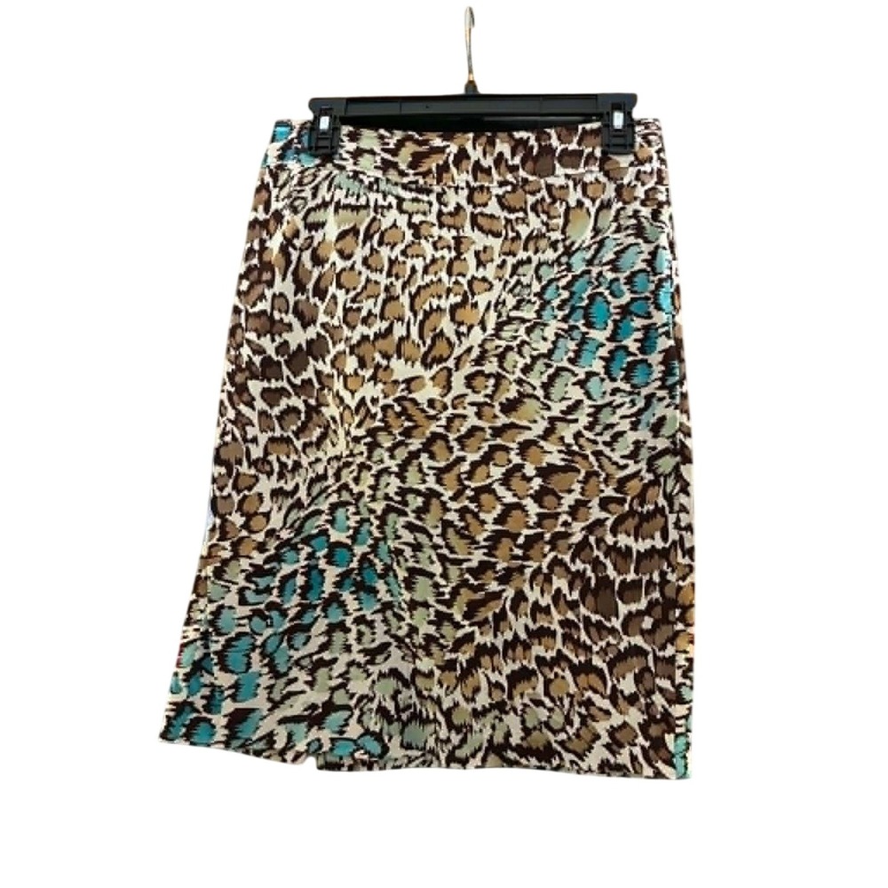 Sunny Leigh Pencil Skirt Womens 6P Brown Turquoise Leopard Print Cotton Safari